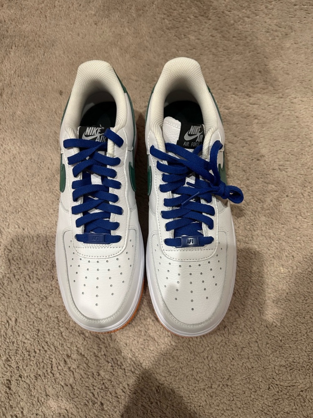 Nike Air White Sneakers with Blue Laces, Green Swoosh, and Orange Bottoms—NWoB